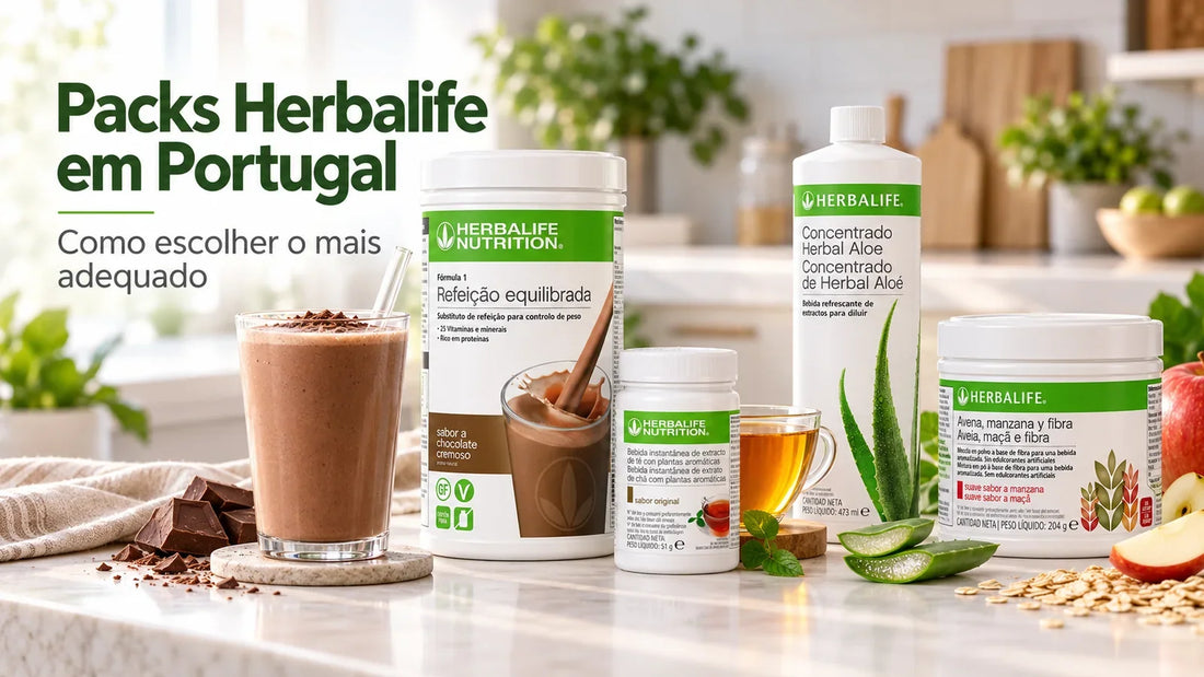 Packs Herbalife em Portugal com Fórmula 1, chá, concentrado de aloé e bebida de aveia, maçã e fibra.