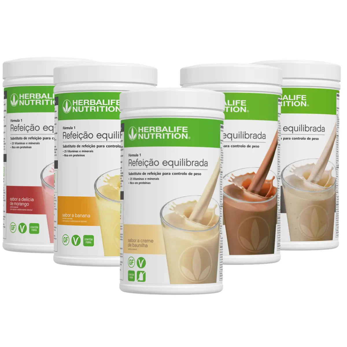 Embalagens de Fórmula 1 Herbalife em vários sabores sobre fundo branco.