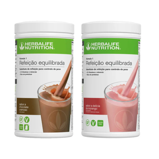 Duas embalagens de Fórmula 1 Herbalife nos sabores Chocolate Cremoso e Delícia de Morango.