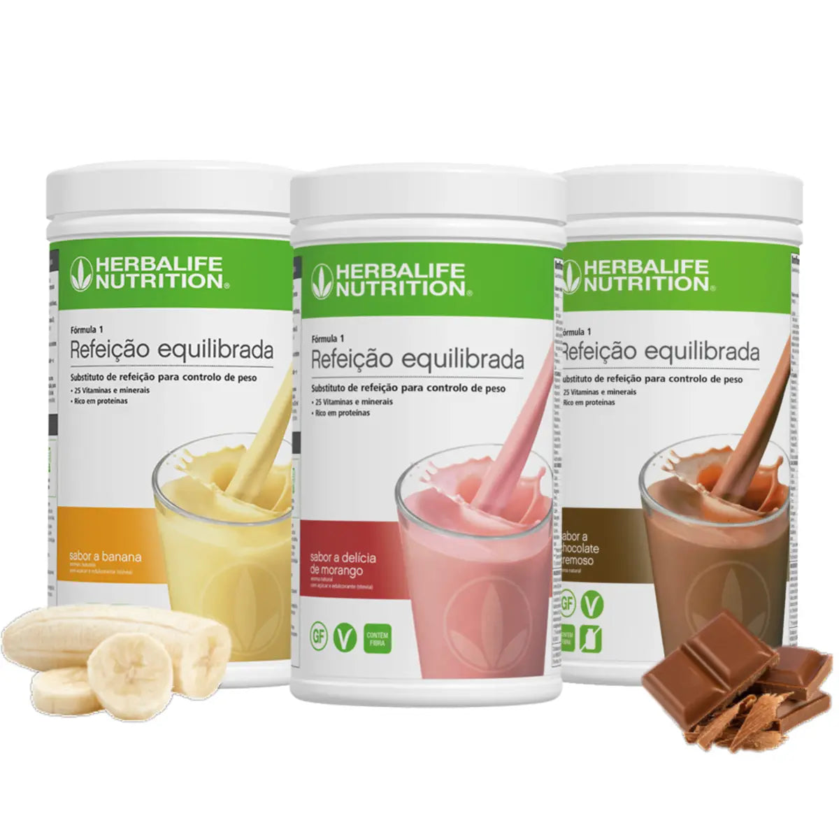 Três embalagens de Fórmula 1 Herbalife nos sabores banana, delícia de morango e chocolate cremoso.