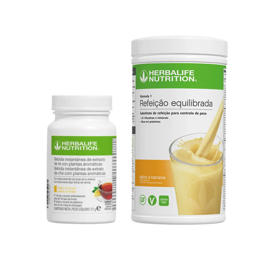 Pack Herbalife com Fórmula 1 sabor Banana e chá de limão.