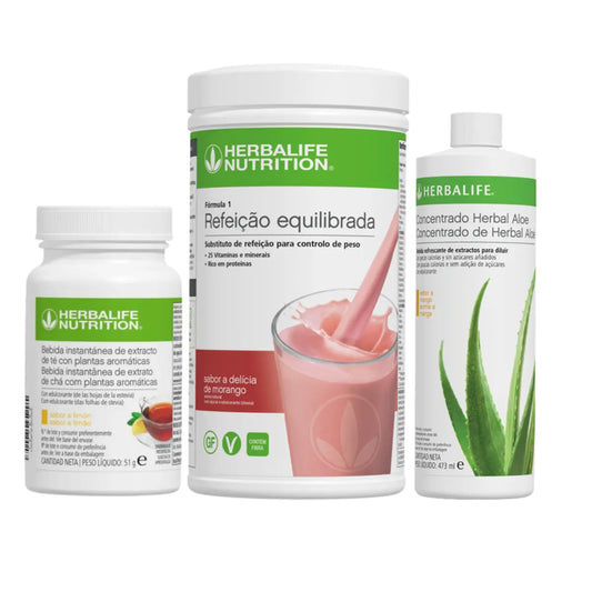 Pack Herbalife com Fórmula 1 Delícia de Morango, chá de limão e concentrado de aloé de manga.